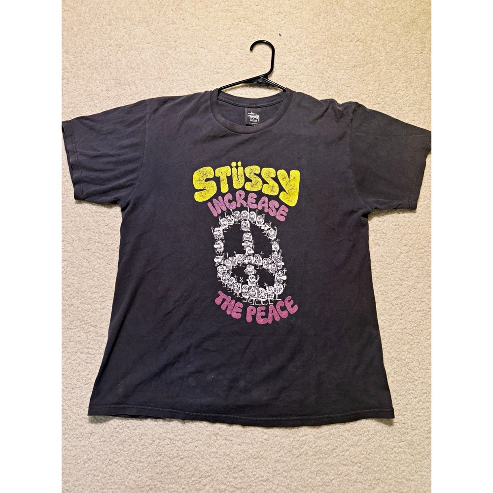 Vintage 2000s Stüssy Increase The Peace T Shirt M Black Faded Y2K Old Stussy